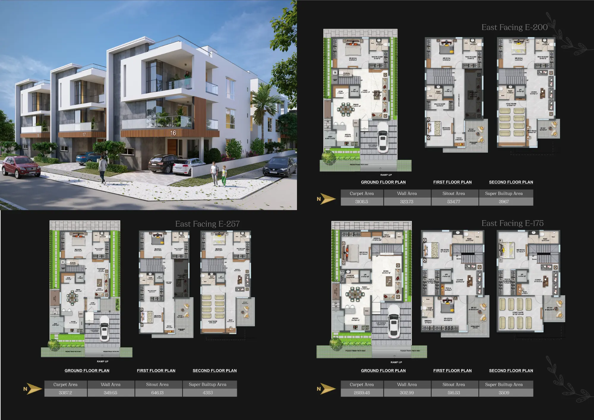 East Facing E-200 floor plans — ground, first and second floor