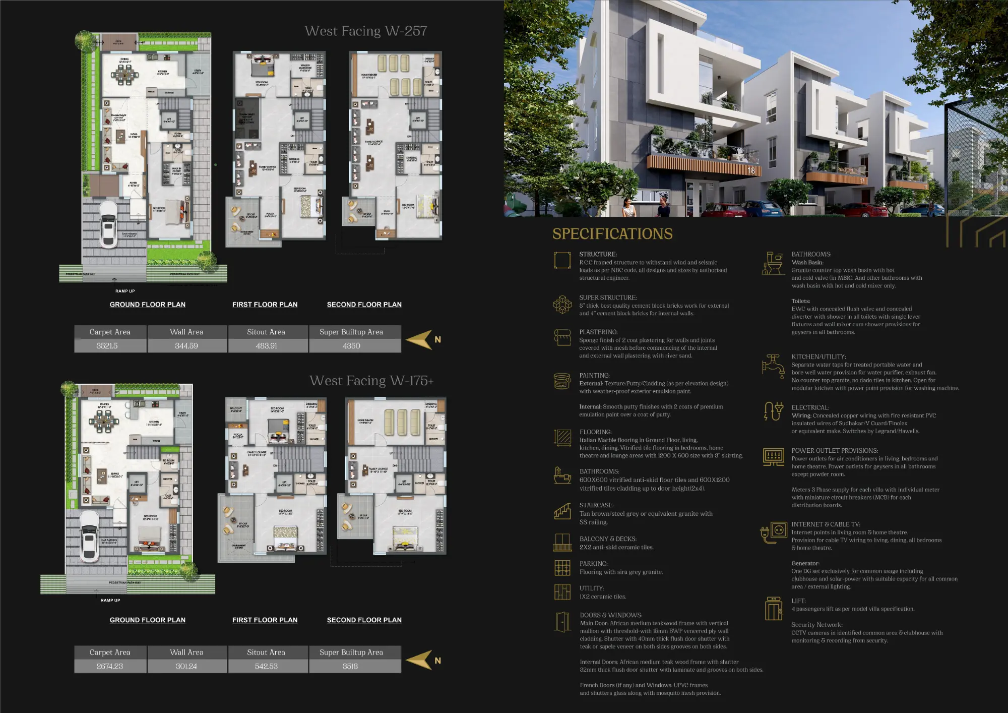 East Facing E-257 floor plans — ground, first and second floor